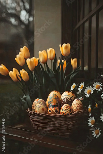 A cozy still life featuring a basket of hand-painted Easter eggs with intricate patterns, surrounded by vibrant tulips and daisies, illuminated by soft natural light.