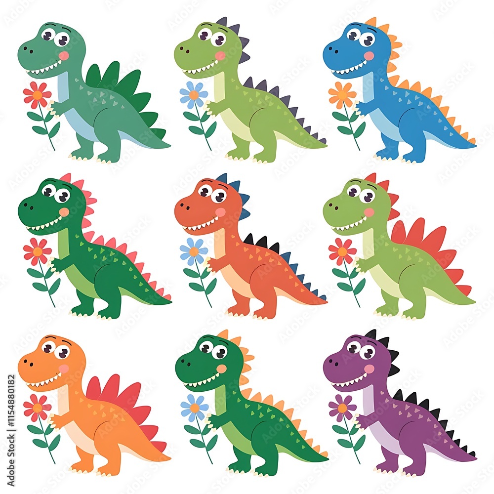 Fototapeta premium Set of ten friendly dinosaurs with flowers, vibrant vector style, medium eyes, white background.