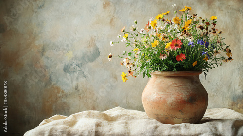 Rustic clay pot with wildflowers indoor setting still life photography textured background soft natural light nature beauty