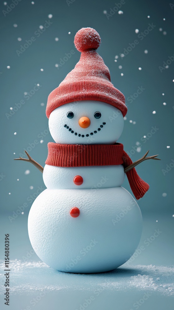 Fototapeta premium Charming Snowman Decorated with Hat and Scarf in Winter Setting