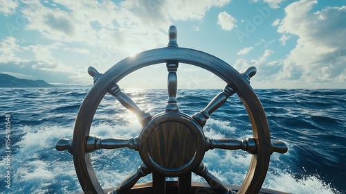 Steering wheel of a ship against the background of the sea and sky