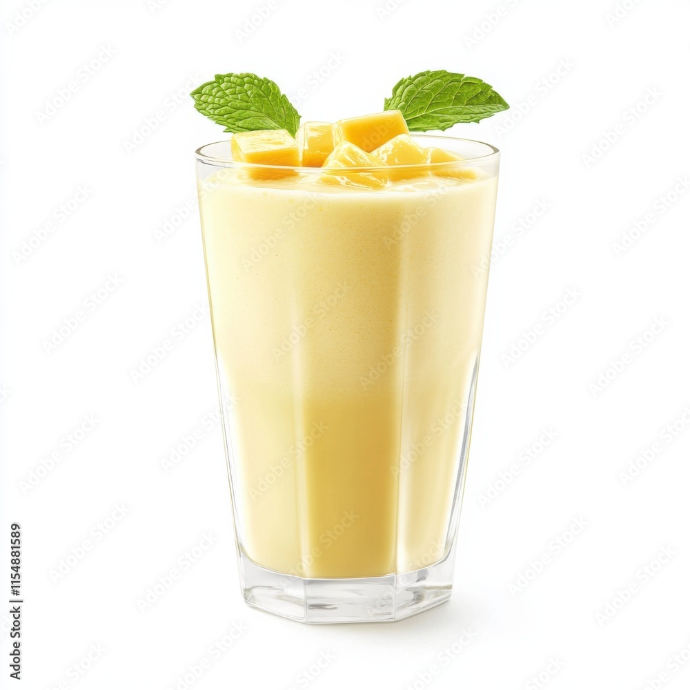 Exotic mango lassi in a glass. Featuring mango chunks and spices Exotic mango lassi in a glass. Featuring mango chunks and spices