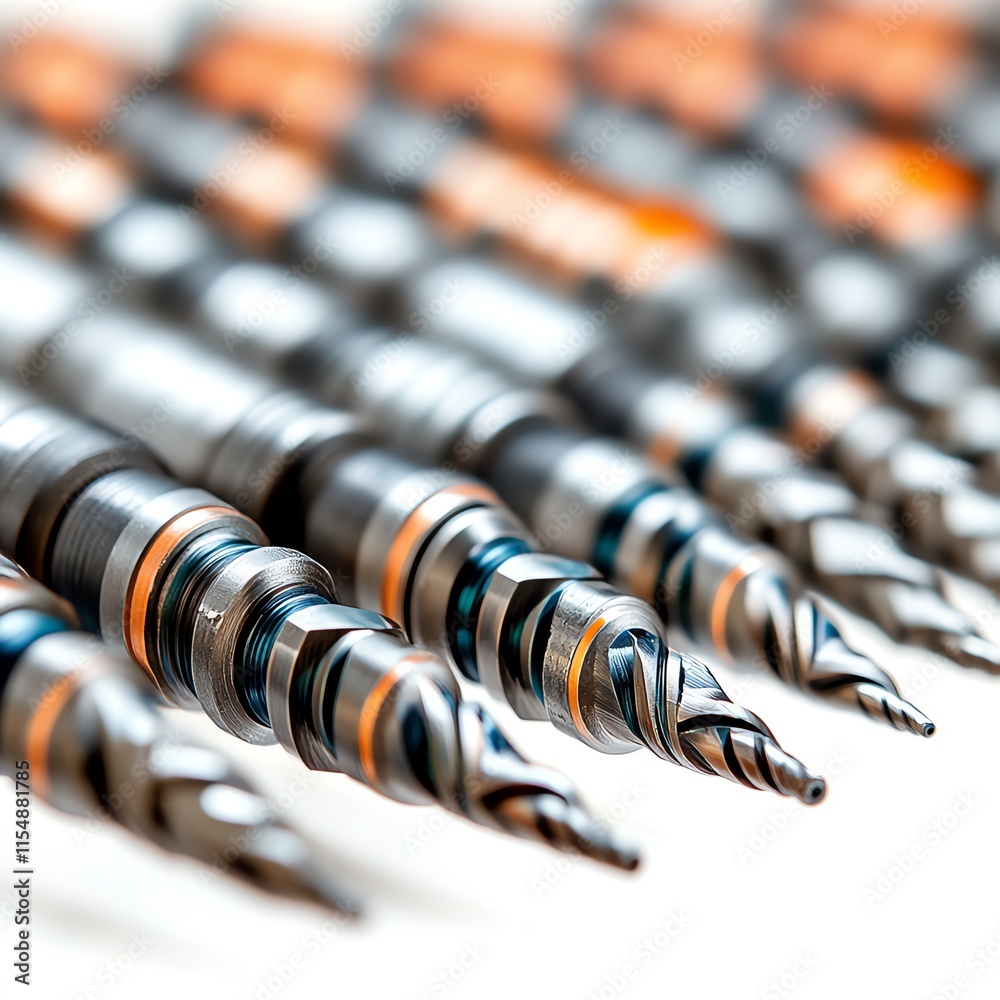 A close-up view of precision drill bits arranged in a row, showcasing their intricate designs and metallic finishes. A close-up view of precision drill bits arranged in a row, showcasing their intricate designs and metallic finishes.