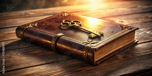 An antique leather-bound book rests on a wooden surface, illuminated by golden sunlight, with an ornate key placed delicately upon its cover, suggesting secrets and untold stories.