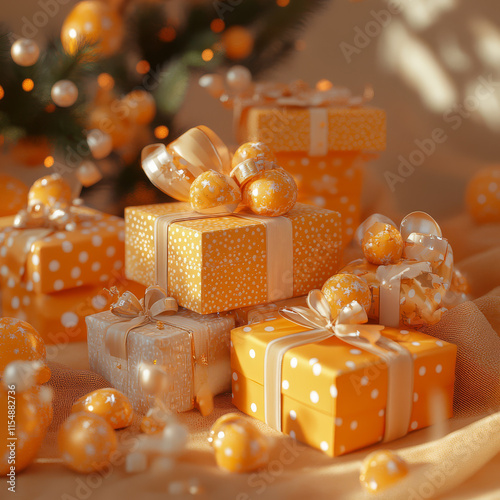 Brightly wrapped gifts in orange color scheme, adorned with polka dots and ribbons, create festive atmosphere. scene is filled with decorative elements, evoking joy and celebration