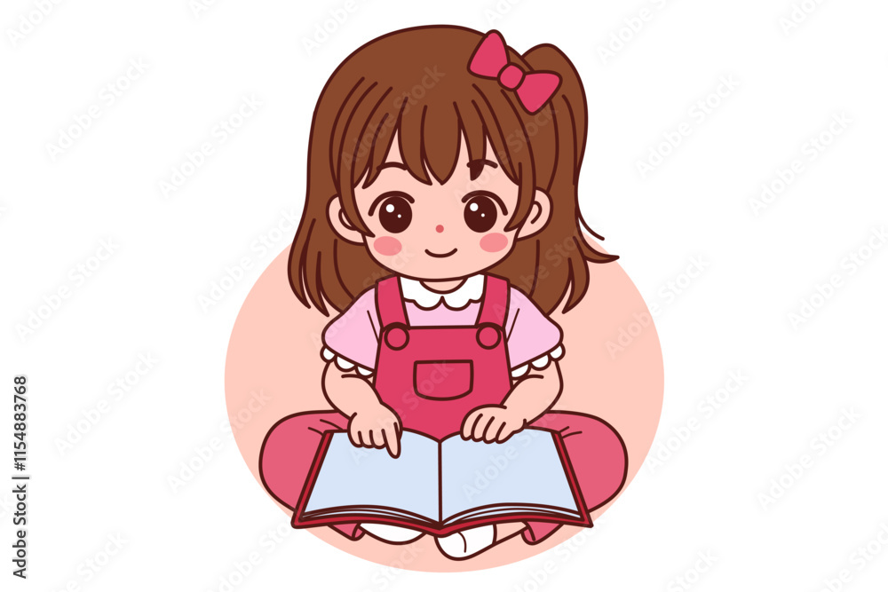 A little girl is happily reading a book. A little girl is happily reading a book.