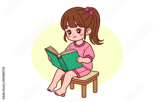 A little girl is happily reading a book.