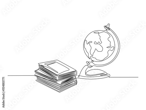 Continuous one line drawing of globe and books. Globe and books single line illustration, education concept. Editable outline.