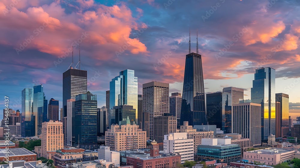 Obraz premium Modern City Skyline with Skyscrapers During a Vibrant Sunset