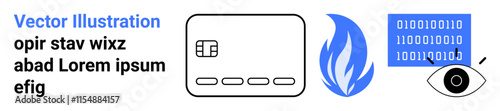 Credit card with a microchip, eye observing binary code, blue flame representing firewall. Ideal for cybersecurity, online protection, financial technology, digital identity, encryption, data