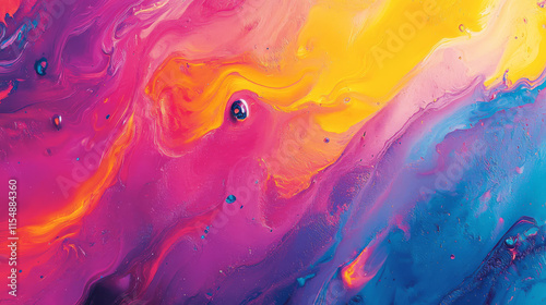 Vibrant and colorful abstract paint background with swirling patterns, showcasing blend of pink, yellow, and blue hues that evoke sense of creativity and joy