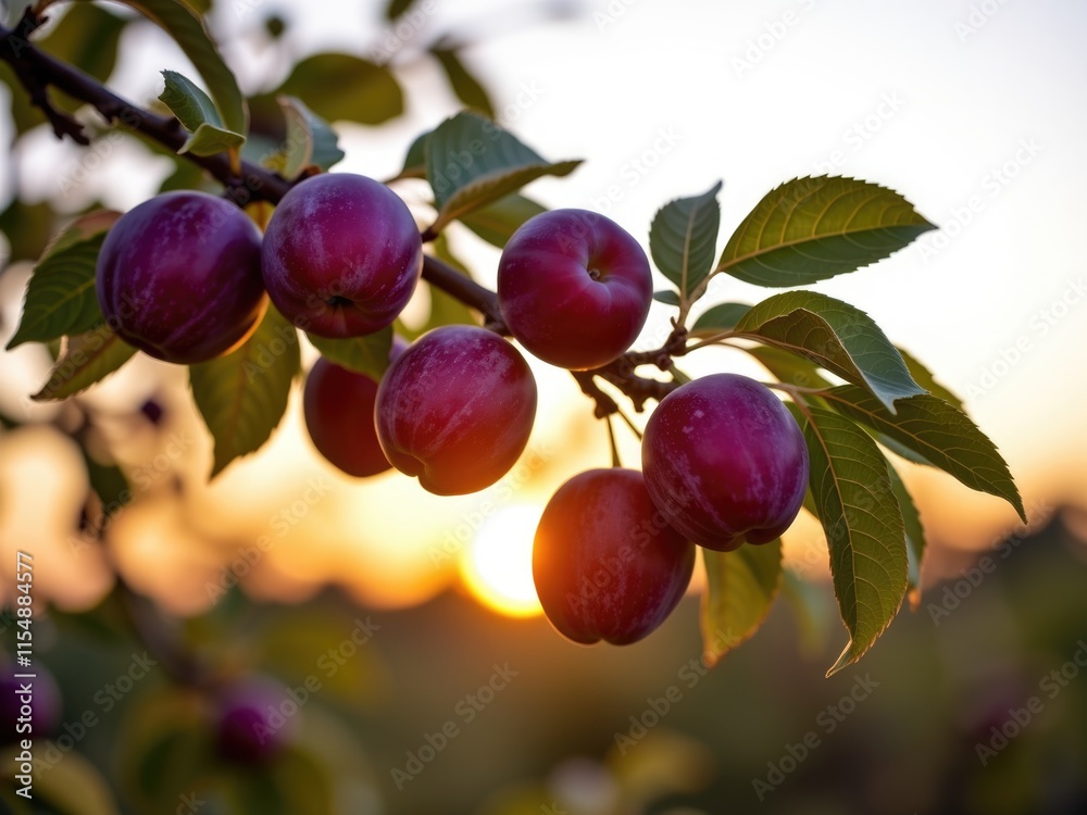 Sunset Orchard Ripe Plums on Branch Autumn Harvest Fruit Tree Sunset Orchard Ripe Plums on Branch Autumn Harvest Fruit Tree