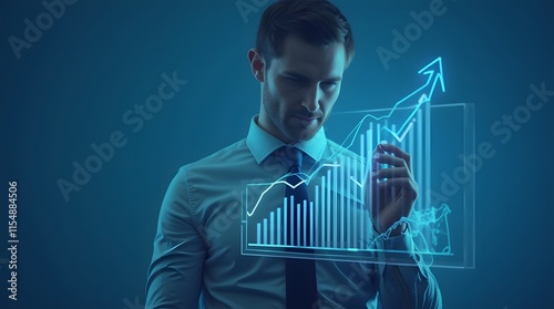 Businessman illustrates growth graph and analyzes financial data for strategic business planning and investment progress on a blue background
