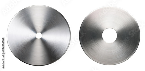 Close-up of two stainless steel discs highlighting metallic texture and precision.