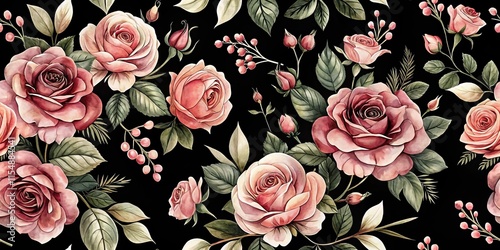 Elegant Watercolor Roses and Berries Seamless Pattern on Black Background