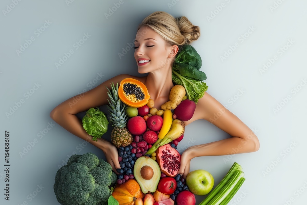 Colorful display of fruits and vegetables surrounding a joyful woman on a light background Colorful display of fruits and vegetables surrounding a joyful woman on a light background