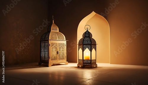 Ornate Metal Lanterns Illuminated Warm Candlelight Niche Setting photo