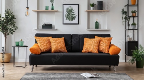 Modern black sofa with orange cushions in living room. photo