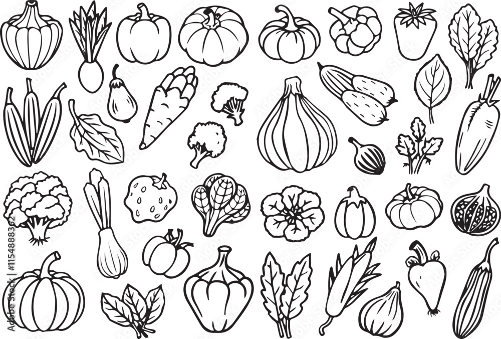 Fototapeta premium Black and white line art Silhouette vegetables vector doodle art in white background