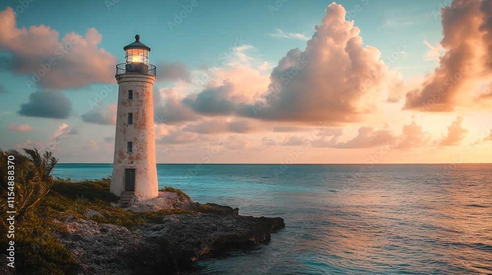 Naklejka premium Lighthouse at Sunset: A Serene Coastal Scene