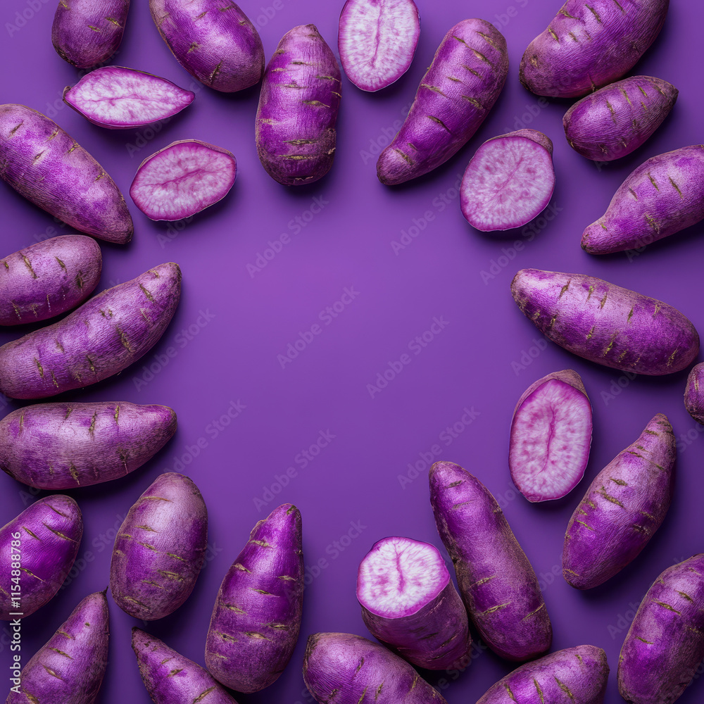 Fresh purple sweet potatoes arranged on vibrant purple background, showcasing their unique colors and textures. Perfect for culinary and artistic presentations Fresh purple sweet potatoes arranged on vibrant purple background, showcasing their unique colors and textures. Perfect for culinary and artistic presentations