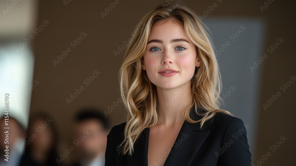 Obraz premium A woman with blonde hair and blue eyes is wearing a black suit. Generative AI