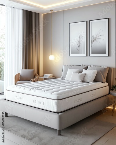 Minimal bedroom mattress display with cozy minimal mattress setup and stylish minimal mattress scene ,minimal modern mattress ,Scandinavian bedroom style ,cozy sleep surface display