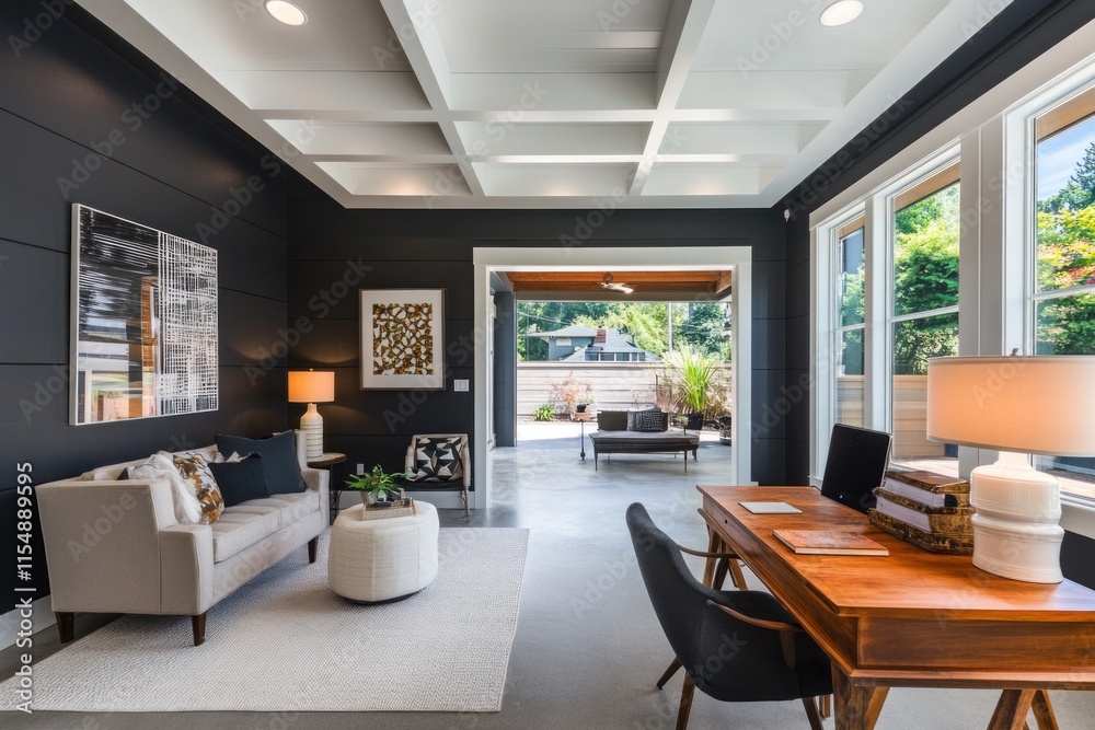 Modern home office with coffered ceiling, neutral decor, and patio access. Modern home office with coffered ceiling, neutral decor, and patio access.