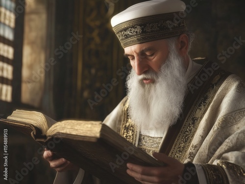 Photorealistic image of a rabbi reading the Torah