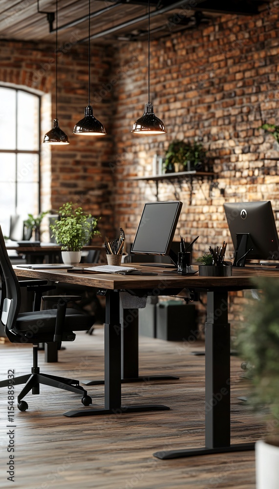 Naklejka premium Modern Office Workspace with Stylish Decor and Natural Lighting