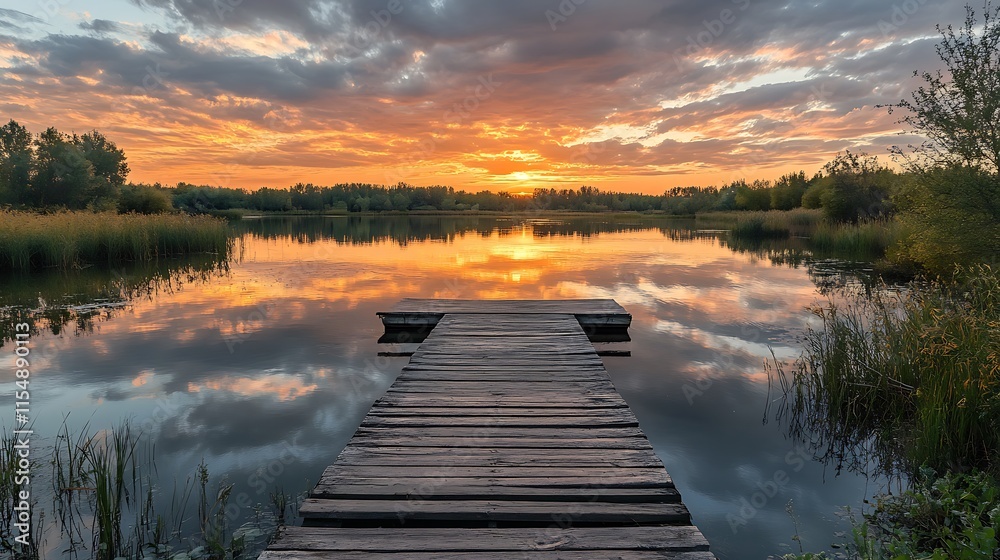 Fototapeta premium Sunset Lake Wooden Dock