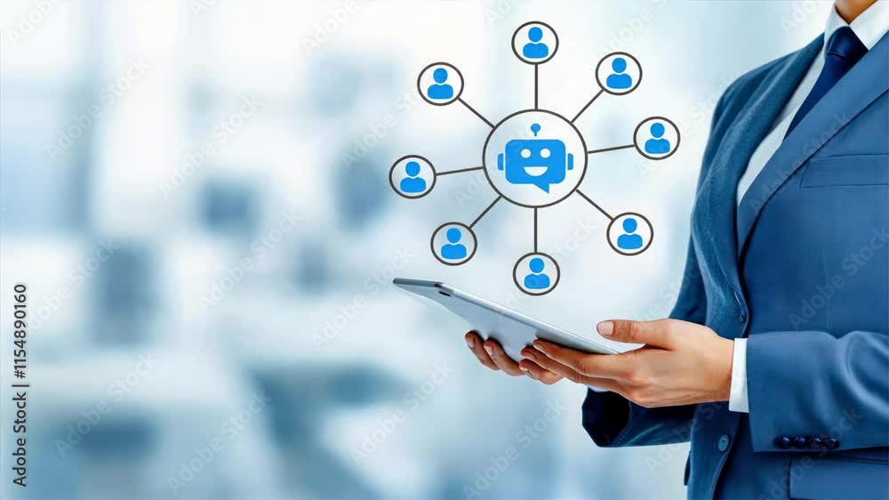 Business person holds smartphone showing icons for AI recruitment, highlighting hiring automation, AI tools and chatbot integration for efficiency