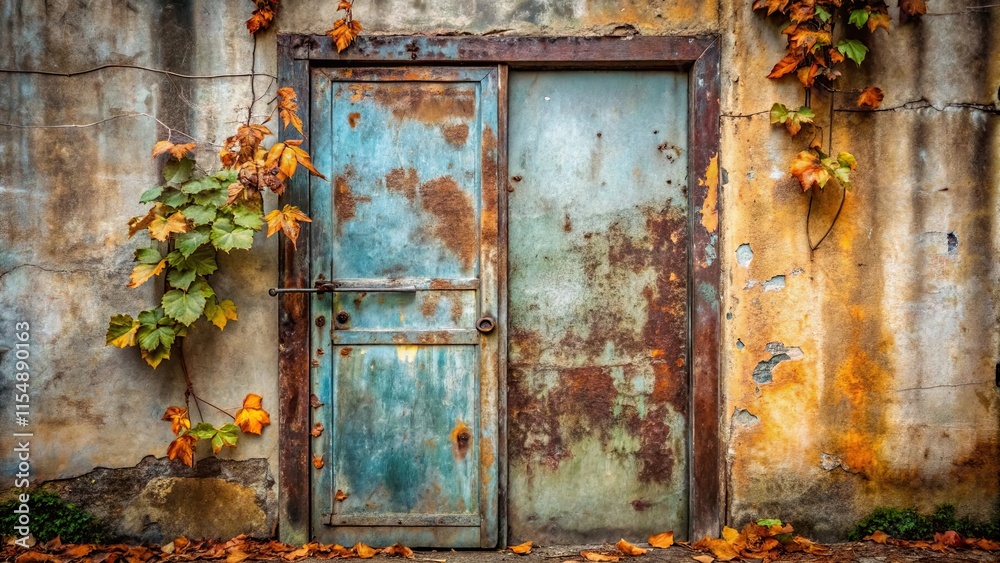 Naklejka premium Rustic Autumnal Scene with Weathered Metal Doors and Climbing Vine