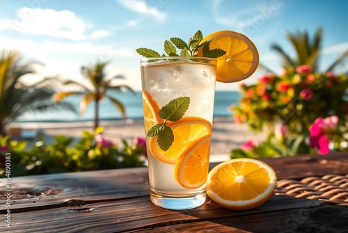 A glass filled with a summer drink like lemonade or mocktail, garnished with fruit slices and fresh mint leaves. Sunny beach or garden background. photo