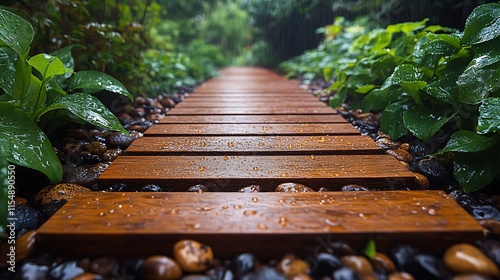 Rain Dampens Wooden Walkway Through Lush Green Garden photo