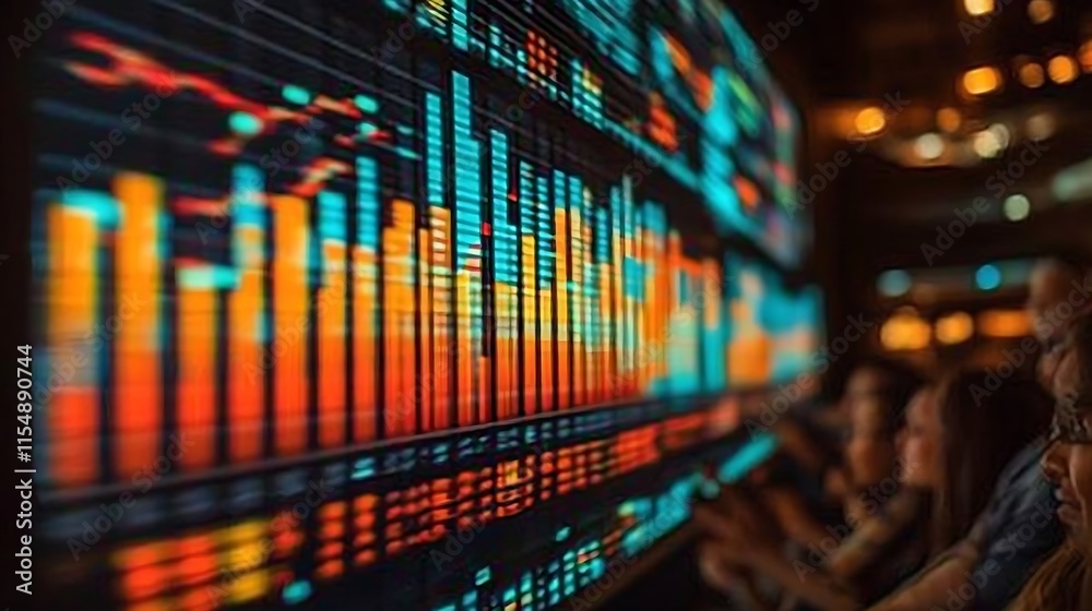 Obraz premium Data analysts reviewing financial charts on a large screen.