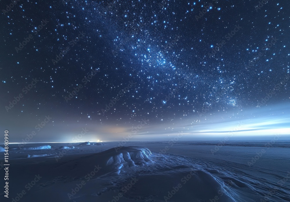 Breathtaking Night Sky in Arctic Region Showcasing Stars, Celestial Bodies, and Vast Snowy Landscape Under Brilliant Dark Blue Atmosphere Breathtaking Night Sky in Arctic Region Showcasing Stars, Celestial Bodies, and Vast Snowy Landscape Under Brilliant Dark Blue Atmosphere