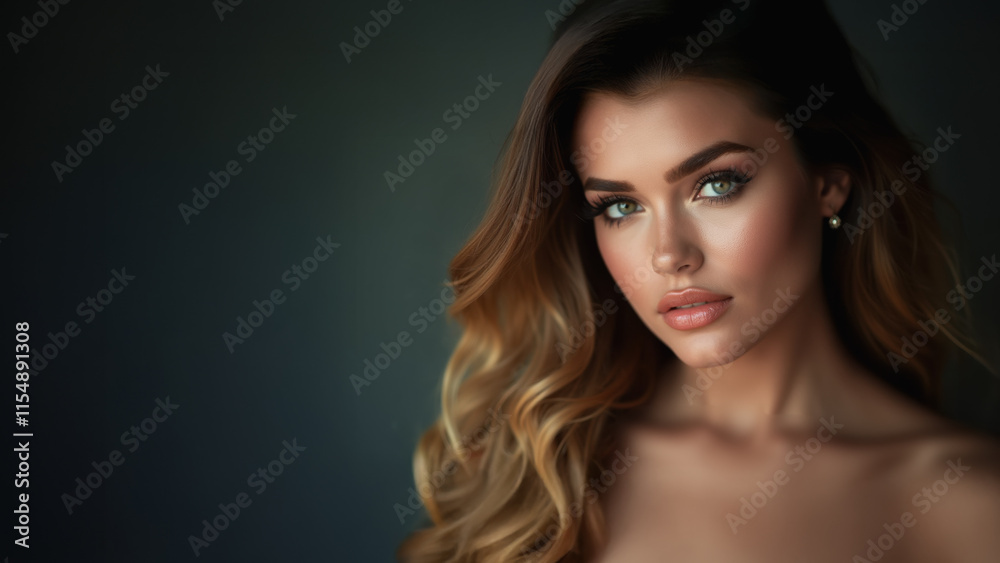 Fototapeta premium A beautiful young cover girl model with luxurious brown should-length hair. A flawless complexion. Skin care and natural makeup. Skin and hair health. Copy space.