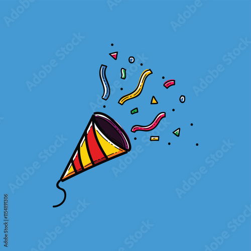 A vibrant illustration of a party popper releasing bright confetti against a lively blue background, symbolizing fun, celebration, and joy.