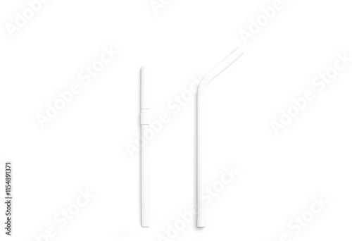 Blank white straight and bended straw mock up, top view, isolated, 3d rendering. Empty tubule mockup. Clean drinking straws for milk drinks, cocktails or alcohol tempalte. photo