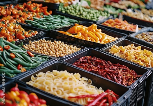 A display of various types and colors of pasta, green beans, red peppers, yellow chickpeas in black plastic containers at the farmer's market. High resolution photography. AI generated