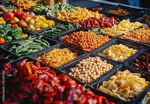  A display of various types and colors of pasta, green beans, red peppers, yellow chickpeas in black plastic containers at the farmer's market. High resolution photography. AI generated