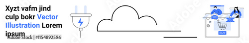 Cloud connected to a power plug on the left and an e-commerce platform interface on the right, with text on the side. Ideal for cloud storage, e-commerce, digital infrastructure, tech solutions, web