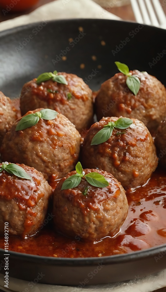 Closeup of meatballs and spaghetti with tomato sauce dish, a classic Italian meal Closeup of meatballs and spaghetti with tomato sauce dish, a classic Italian meal