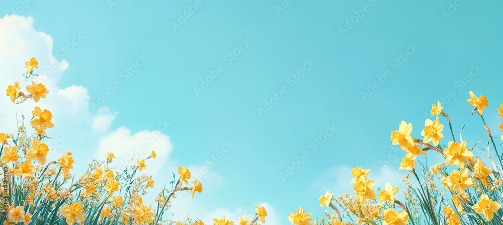 Bright and Cheerful Field of Yellow Flowers Under a Clear Blue Sky with Fluffy Clouds and Gentle Sunshine, Perfect for Spring and Nature-Themed Projects Bright and Cheerful Field of Yellow Flowers Under a Clear Blue Sky with Fluffy Clouds and Gentle Sunshine, Perfect for Spring and Nature-Themed Projects