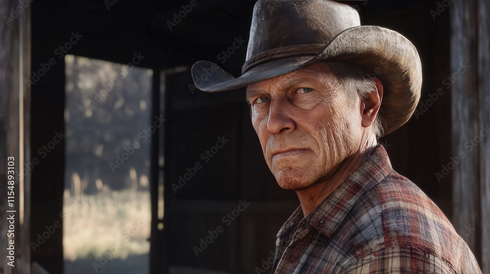 Mature cowboy with a serious expression in a rustic setting, showcasing strength and resilience in a country landscape with natural light and atmosphere Mature cowboy with a serious expression in a rustic setting, showcasing strength and resilience in a country landscape with natural light and atmosphere