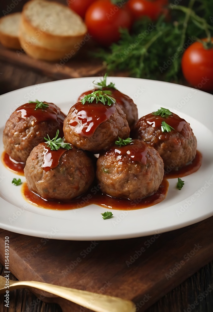 Closeup of meatballs and spaghetti with tomato sauce dish, a classic Italian meal Closeup of meatballs and spaghetti with tomato sauce dish, a classic Italian meal