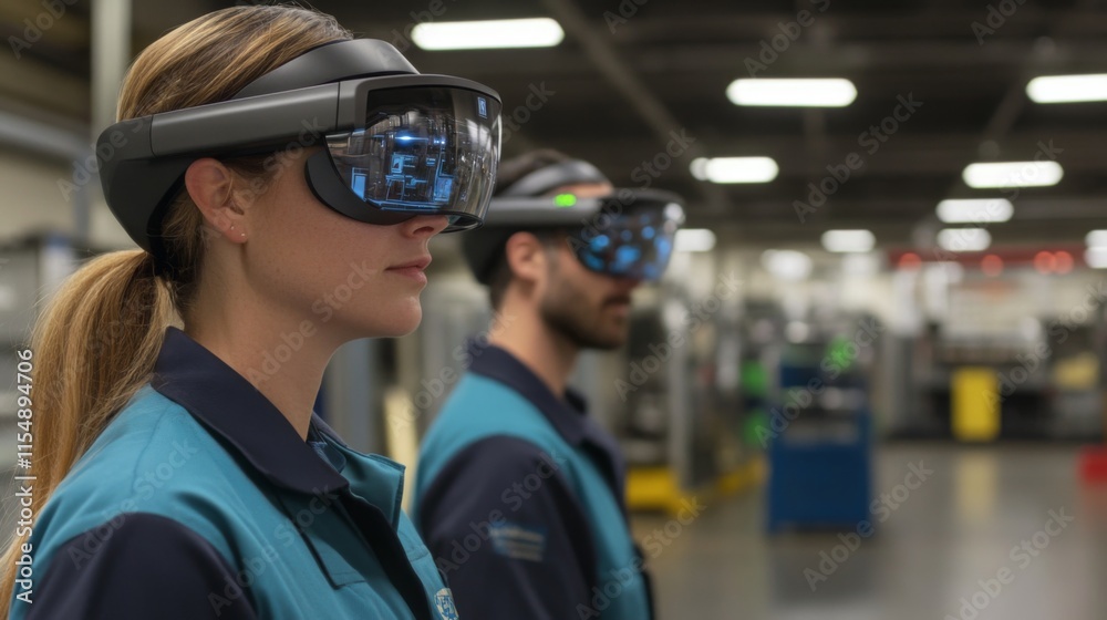 Two engineers wearing AR headsets in a factory.