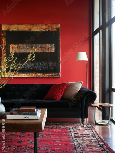 Modern Living Room Decor Red Walls Black Sofa photo