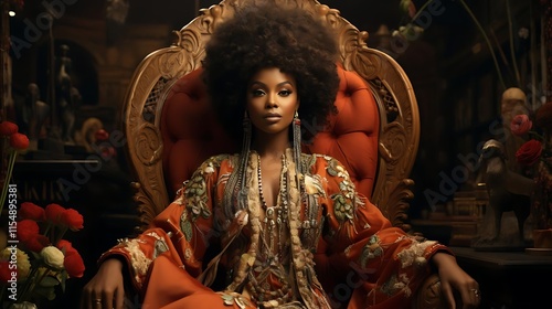 Confident Black woman with afro hairstyle sits regally on an ornate throne, wearing an embroidered robe and jewelry. photo